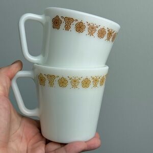 Set of 2 c1972 Pyrex Butterfly Gold 1410 Vintage Milk Glass Mugs